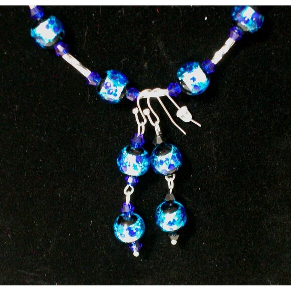 Blue Glass Beaded Necklace & Earrings Set With Silver Accents - Picture 4 of 6